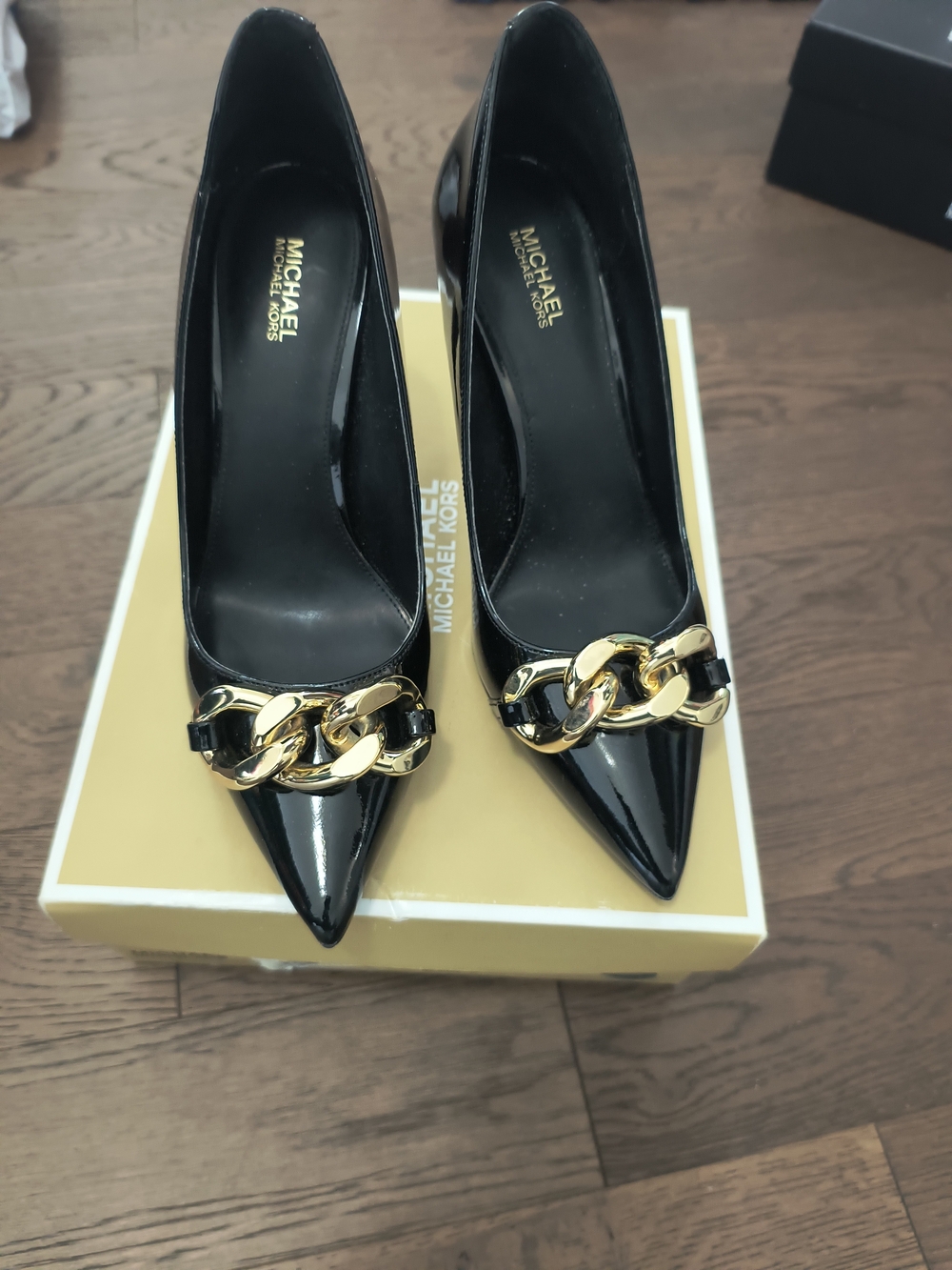 Michael Kors Black Patent Pointed-Toe Pumps with Gold Chain - Picture 4 of 5